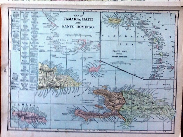 Caribbean Double page color map of the Island of Hispaniola on one page and side, with insets of Porto Rico, Jamaica and South...