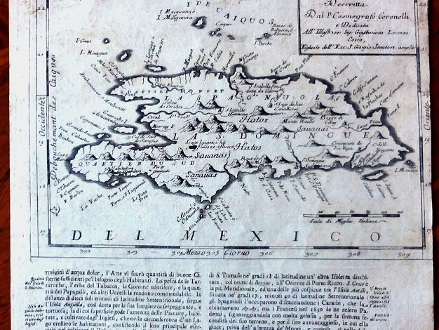 Coronelli Engraved folio page with text and map of the Island of Hispaniola, now Haiti and the Dominican Republic, with a...