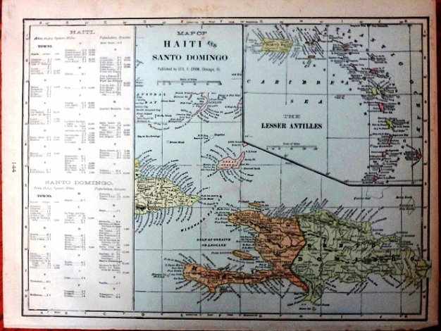 Haiti Map with the island of Hispaniola on a page, with inserts of Puerto Rico and the Lesser Antilles, and Colombia, Ecuador,...