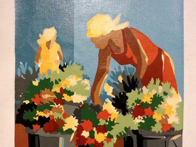 Mujer Flores Acrylic on canvas with a woman with flowers. Dimension is 10 by 12 inches. Signed and dated 1994 in the lower right...