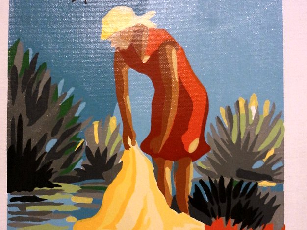 Mujer Lavando Acrylic on canvas with a woman washing clothes in the river. Dimension is 10 by 12 inches. Signed and dated 1994 in the...