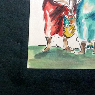 Watercolor and ink on paper with two local women. Dimension is 4.5 by 6 inches. Signed in the lower right corner. No frame. Acuarela y tinta sobre papel con dos...