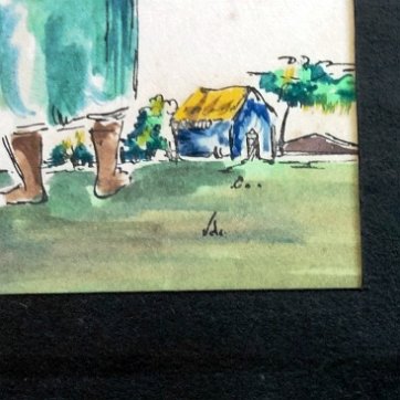 DSC01558 Watercolor and ink on paper with two local women. Dimension is 4.5 by 6 inches. Signed in the lower right corner. No frame. Acuarela y tinta sobre papel con dos...