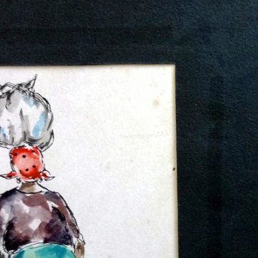 Watercolor and ink on paper with two local women. Dimension is 4.5 by 6 inches. Signed in the lower right corner. No frame. Acuarela y tinta sobre papel con dos...