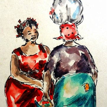 Watercolor and ink on paper with two local women. Dimension is 4.5 by 6 inches. Signed in the lower right corner. No frame. Acuarela y tinta sobre papel con dos...