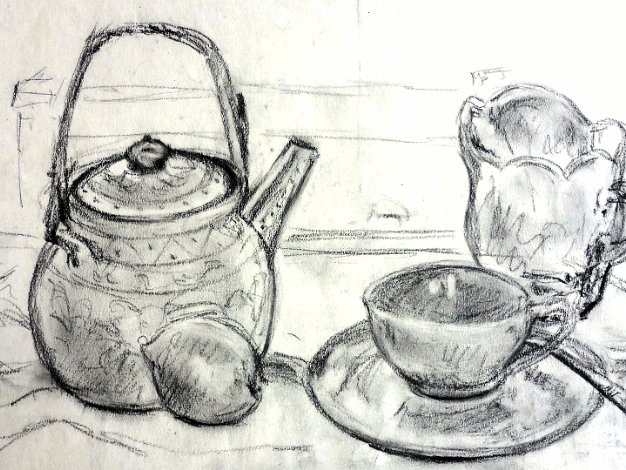 Cafetera Excellent sketches on paper with a tea or coffee set and a city view. Paper dimensions are varied in size. Not signed...