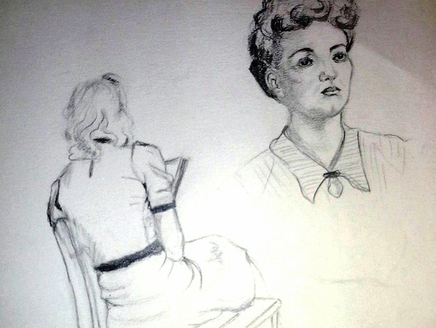 Mujer Sentada Sketch on paper with a sitting women and two portraits. Paper dimensions are varied in size. Not signed and dated. No...