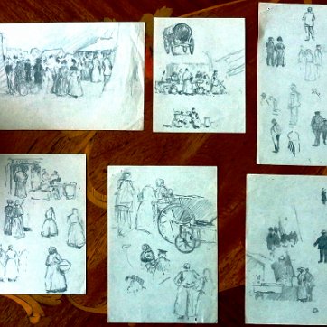 Georgia Excellent charcoals sketch paintings on paper with different topics. Paper dimensions are varied in size. Not signed and some are dated. Excelentes bocetos al...