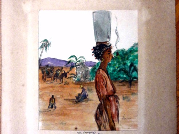 Agua Colored on paper painting with a typical rural scene in Santo Domingo city. Paper size is 5 by 6 inches. Signed and...