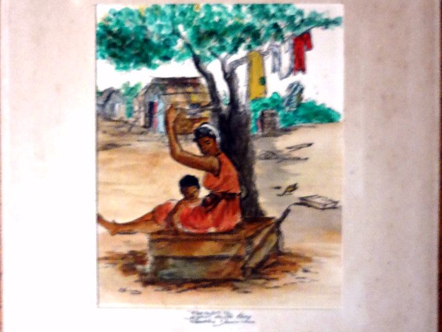 Mediodia Colored on paper painting with a typical rural scene in Santo Domingo city. Paper size is 5 by 6 inches. Signed and...