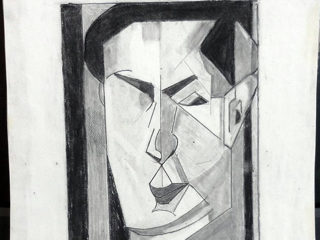 Cara Rare charcoal on paper painting with a face, maybe a self portrait. Paper dimension is 16 by 20 inches. Signed in the...