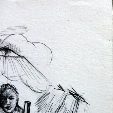 DSC01570 Black and white ink on paper with an eye looking at a working man. Dimension is 5.5 by 7.5 inches. No frame. Tinta sobre papel en blanco y negro con un ojo...