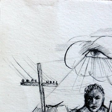DSC01571 Black and white ink on paper with an eye looking at a working man. Dimension is 5.5 by 7.5 inches. No frame. Tinta sobre papel en blanco y negro con un ojo...