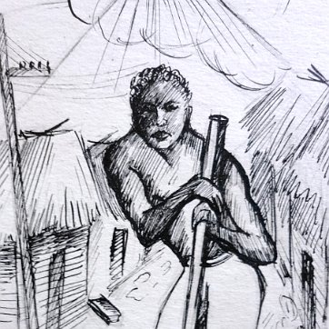 Black and white ink on paper with an eye looking at a working man. Dimension is 5.5 by 7.5 inches. No frame. Tinta sobre papel en blanco y negro con un ojo...