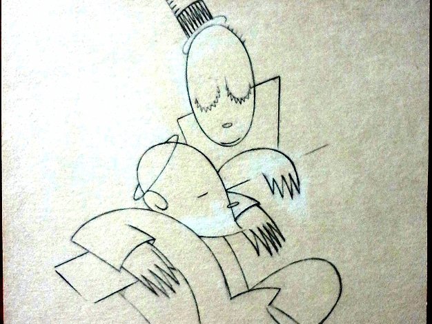 Woman Original sketch drawing in pencil with 2 boys and their father. Paper dimension is 9 by 9.5 inches. Signed in pencil in...