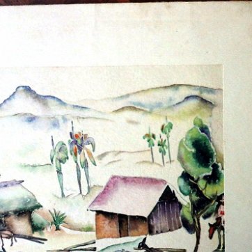 Don Juan Excellent watercolor reproduction on paper with a tropical rural scene. Paper dimension is 12.50 by 16 inches. Signed and dated 1927 in the lower right side. No...