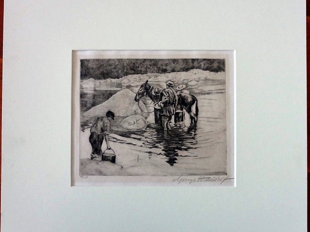 Caballo Landscape print with a horse crossing a river. Paper dimension is 12 by 16 inches. Signed in the lower right side in...