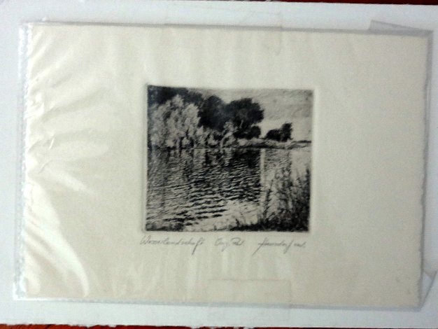 River Small format landscape print with a river. Paper dimension is 2.5 by 3 inches. Signed in the lower left side in pencil....