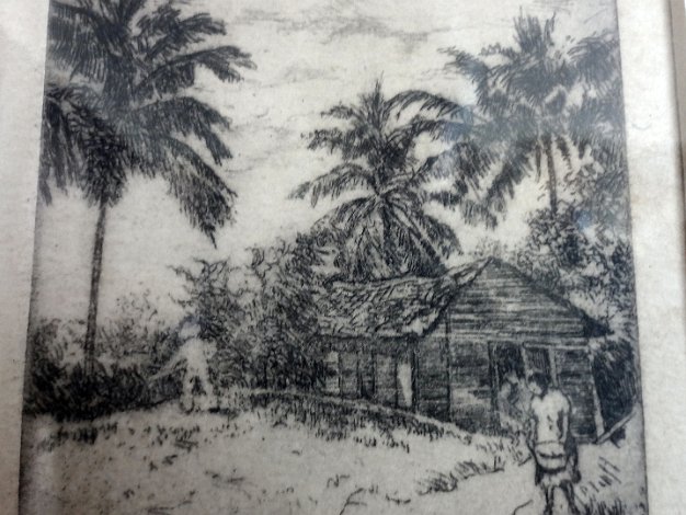 Tropical Excellent small format tropical or Caribbean landscape print. Paper dimension is 3 by 3 inches. Signed in the lower...