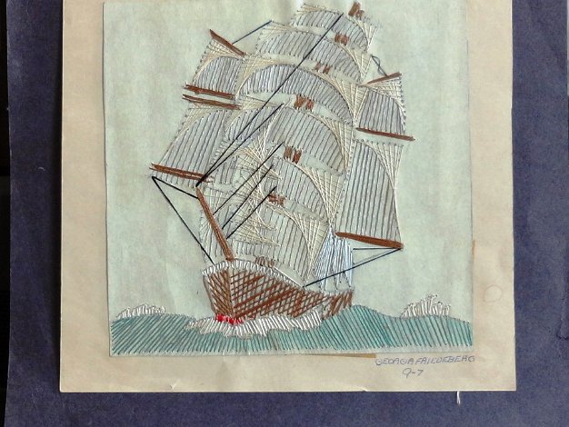 Bote Linen thread work of art on paper with a sail boat in the sea by a family of Eva Hausdorf Friedeberg, daughter of George...