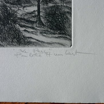 Humbert Original engraving on vellum paper with a limited edition print. Signed in pencil lower right side and numbered 8/25 in the lower left side. Titled “Le Parc”....