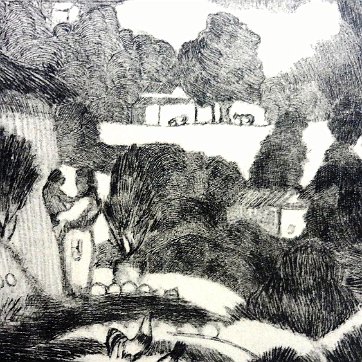 Pop Original etching print with a tropical landscape in the Island of Santo Domingo. Paper dimension is 6.5 by 9.5 inches. No frame. Aguafuerte original con un...