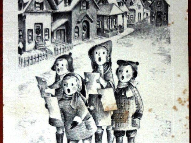 Christmas Post card with a copy of the original lithograph with boys singing carols. Paper dimension is 4.5 by 6 inches. Signed in...