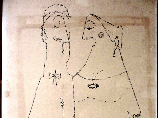 Couple Original print with a couple taking the dog for a walk. Paper dimension is 14 by 18 inches. Signed in the lower right...