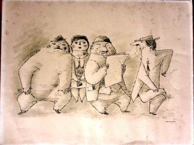 Group Original print with a group of persons talking and reading. Paper dimension is 14 by 18 inches. Signed in the lower...