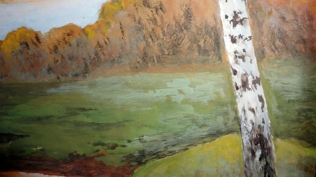 Rio Otoño Excellent and rare gouache on thick paper with a fall landscape painting in Germany. Paper dimension is 20 by 25.5...