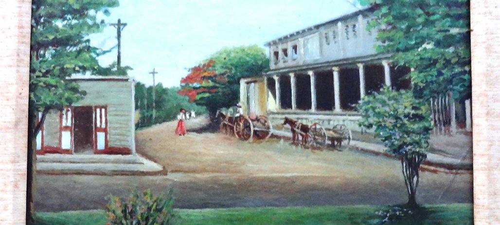 Piñeyro Rare oil on board by Dominican Abelardo Piñeyro with a cityscape painting of a street and buildings in Santo Domingo City. Board dimension is 12 by 16 inches....