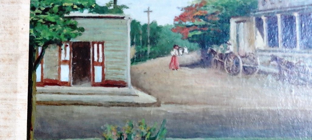 Piñeyro Rare oil on board by Dominican Abelardo Piñeyro with a cityscape painting of a street and buildings in Santo Domingo City. Board dimension is 12 by 16 inches....