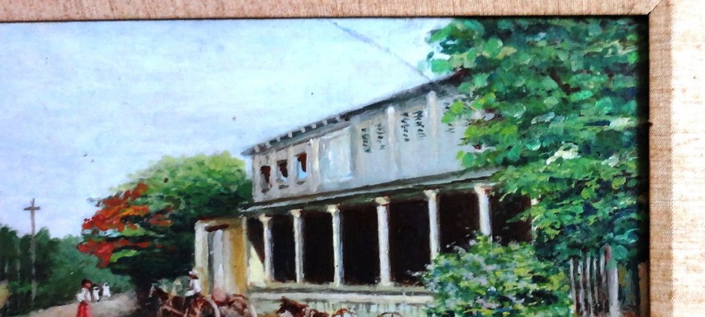 Piñeyro Rare oil on board by Dominican Abelardo Piñeyro with a cityscape painting of a street and buildings in Santo Domingo City. Board dimension is 12 by 16 inches....