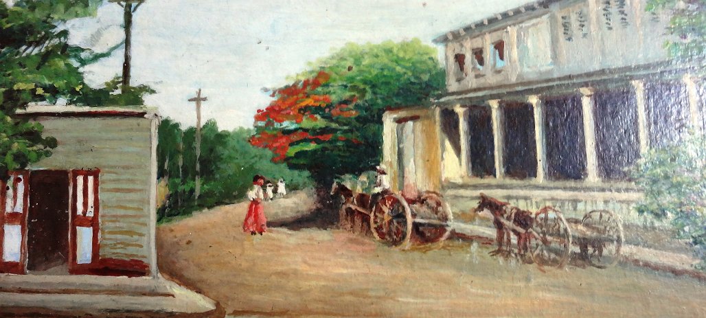 Piñeyro Rare oil on board by Dominican Abelardo Piñeyro with a cityscape painting of a street and buildings in Santo Domingo City. Board dimension is 12 by 16 inches....