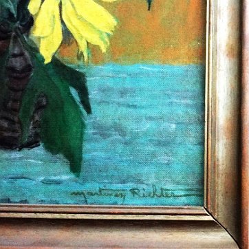 Alice Beautiful oil on board still life with potted yellow sun flowers. Board dimension is 18 by 22 inches. Signed in black in the lower right side. No frame. Oleo...