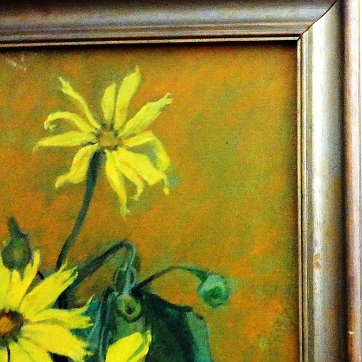 Alice Beautiful oil on board still life with potted yellow sun flowers. Board dimension is 18 by 22 inches. Signed in black in the lower right side. No frame. Oleo...