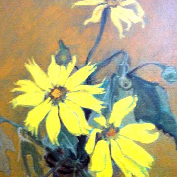 Alice Beautiful oil on board still life with potted yellow sun flowers. Board dimension is 18 by 22 inches. Signed in black in the lower right side. No frame. Oleo...