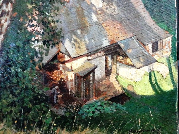 Primavera Casas - Spring Houses Oil on board spring landscape from an Estate Sale in Berlin, Germany. Size is 20 by 26 inches. Signed in black in the...