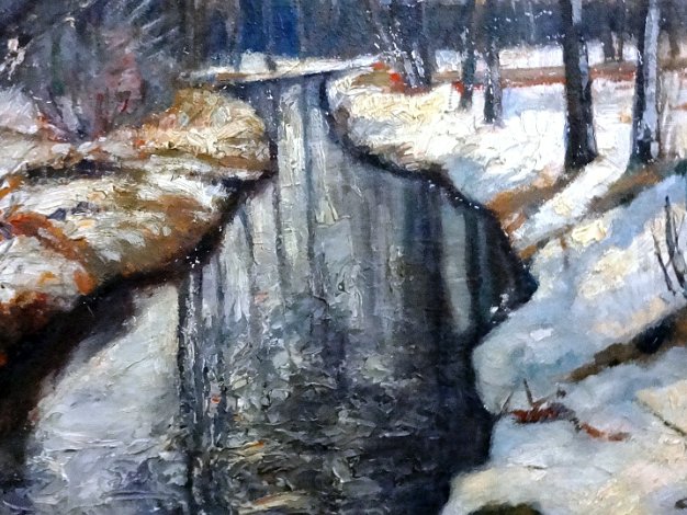 Rio Nieve - Snow River Oil on canvas with a winter landscape. Size is 24 by 30 inches. Signed in the lower right side in black and dated pre...