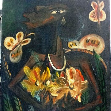 Hernandez Oil on canvas of a woman in a colorful dress, big eyes, butterflies and with flowers. Dimension is 24 by 30 inches. Signed in the lower right side in red. No...