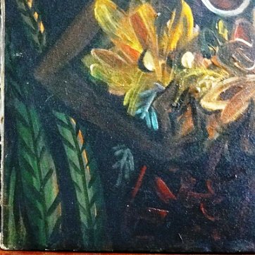Hernandez Oil on canvas of a woman in a colorful dress, big eyes, butterflies and with flowers. Dimension is 24 by 30 inches. Signed in the lower right side in red. No...
