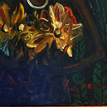 Hernandez Oil on canvas of a woman in a colorful dress, big eyes, butterflies and with flowers. Dimension is 24 by 30 inches. Signed in the lower right side in red. No...