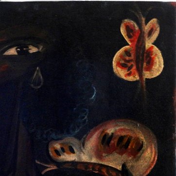 Hernandez Oil on canvas of a woman in a colorful dress, big eyes, butterflies and with flowers. Dimension is 24 by 30 inches. Signed in the lower right side in red. No...
