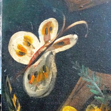 Hernandez Oil on canvas of a woman in a colorful dress, big eyes, butterflies and with flowers. Dimension is 24 by 30 inches. Signed in the lower right side in red. No...
