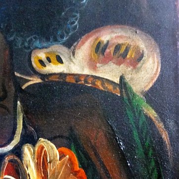 Hernandez Oil on canvas of a woman in a colorful dress, big eyes, butterflies and with flowers. Dimension is 24 by 30 inches. Signed in the lower right side in red. No...