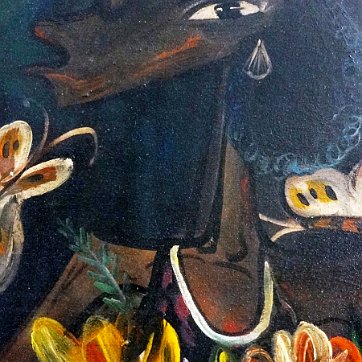 Hernandez Oil on canvas of a woman in a colorful dress, big eyes, butterflies and with flowers. Dimension is 24 by 30 inches. Signed in the lower right side in red. No...