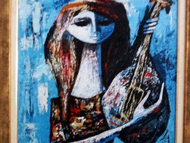 Women in Blue - Mujer Azul Oil on canvas dated around 1963, the year the young artist arrived in Paris to study art. Portrait of a woman with a...