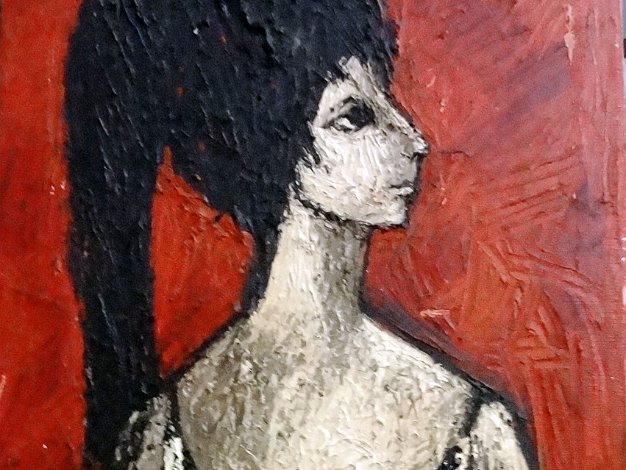 Women in Red Side - Mujer Lado Roja Oil on canvas dated around 1963, the year the young artist arrived in Paris to study art. Portrait of a woman looking...