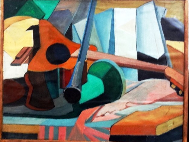 Guitarra - Guitar From an Auction House Sale in Paris France with have an early and rare oil on board still life painting with cubist...