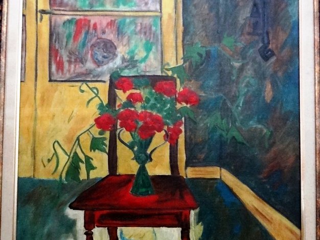 Silla - Chair Original early and rare oil on canvas still life painting with a chair and flowers in a room. The canvas dimension is 24...
